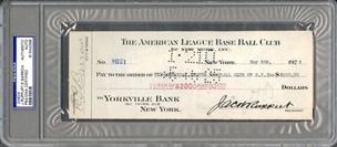 Ed Barrow and Jacob Ruppert Signed 1925 Check Made Out to the American League Baseball Club of New York